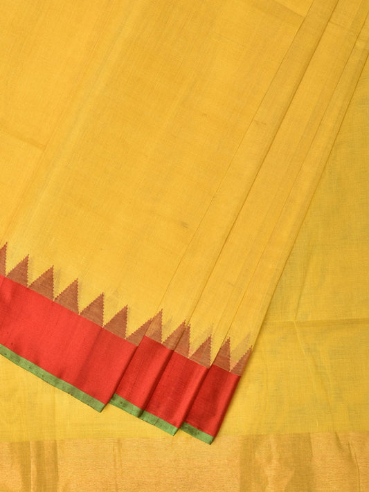 Yellow Khadi Cotton Handloom Plain Saree with Temple Border Design kh0644