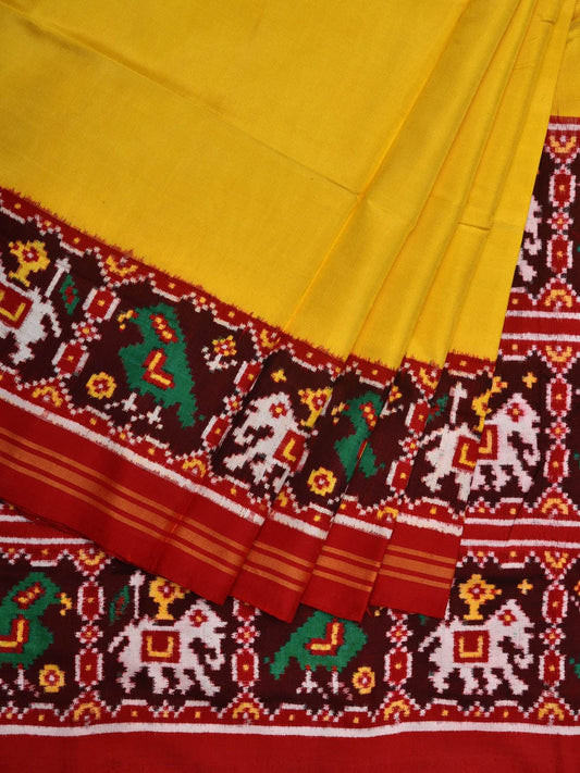 Yellow Pochampally Ikat Silk Handloom Plain Saree with Border Design i0682 No Blouse
