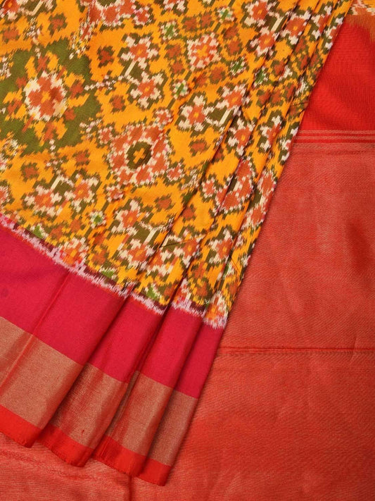 Yellow Pochampally Single Ikat Silk Handloom Saree with Contrast Pallu Design i0590