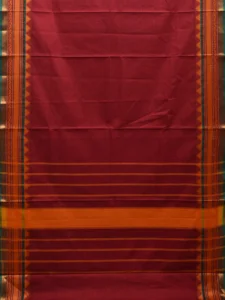 Dark Red Kanchipuram Cotton Saree with Strips Pallu and Temple Border Design k0693