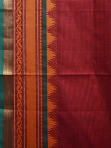 Dark Red Kanchipuram Cotton Saree with Strips Pallu and Temple Border Design k0693