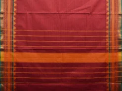 Dark Red Kanchipuram Cotton Saree with Strips Pallu and Temple Border Design k0693