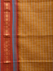 Khaki and Maroon Narayanpet Cotton Handloom Saree with Checks Design No Blouse np1017