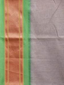 Light Grey and Green Bamboo Cotton Plain Saree with Narali Border No Blouse bc0555