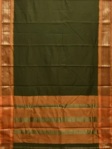 Olive and Mustard Bamboo Cotton Plain Saree with Contrast Pallu & Zari Border Design No Blouse bc0315