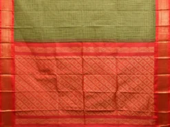 Olive Green and Red Gadwal Cotton Checks Saree with Pallu and Border Design No Blouse g0417