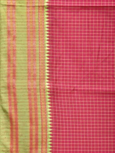 Pink and Light Green Bamboo Cotton Saree with Checks Design No Blouse bc0167