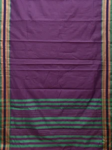 Purple and Turquoise Bamboo Cotton Plain Saree with Strips Pallu Design No Blouse bc0461