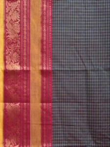 Teal and Pink Kanchipuram 80s Count Cotton Saree with Checks and Border Design No Blouse k0629