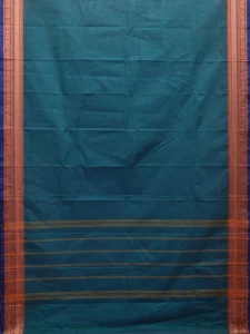 Teal Kanchipuram 80s Cotton Plain Saree with Peacock Border Design No Blouse k0650