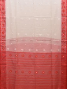 White and Red Dhakai Jamdani Cotton Viscose Saree with Body Buta and Border Design dj0007