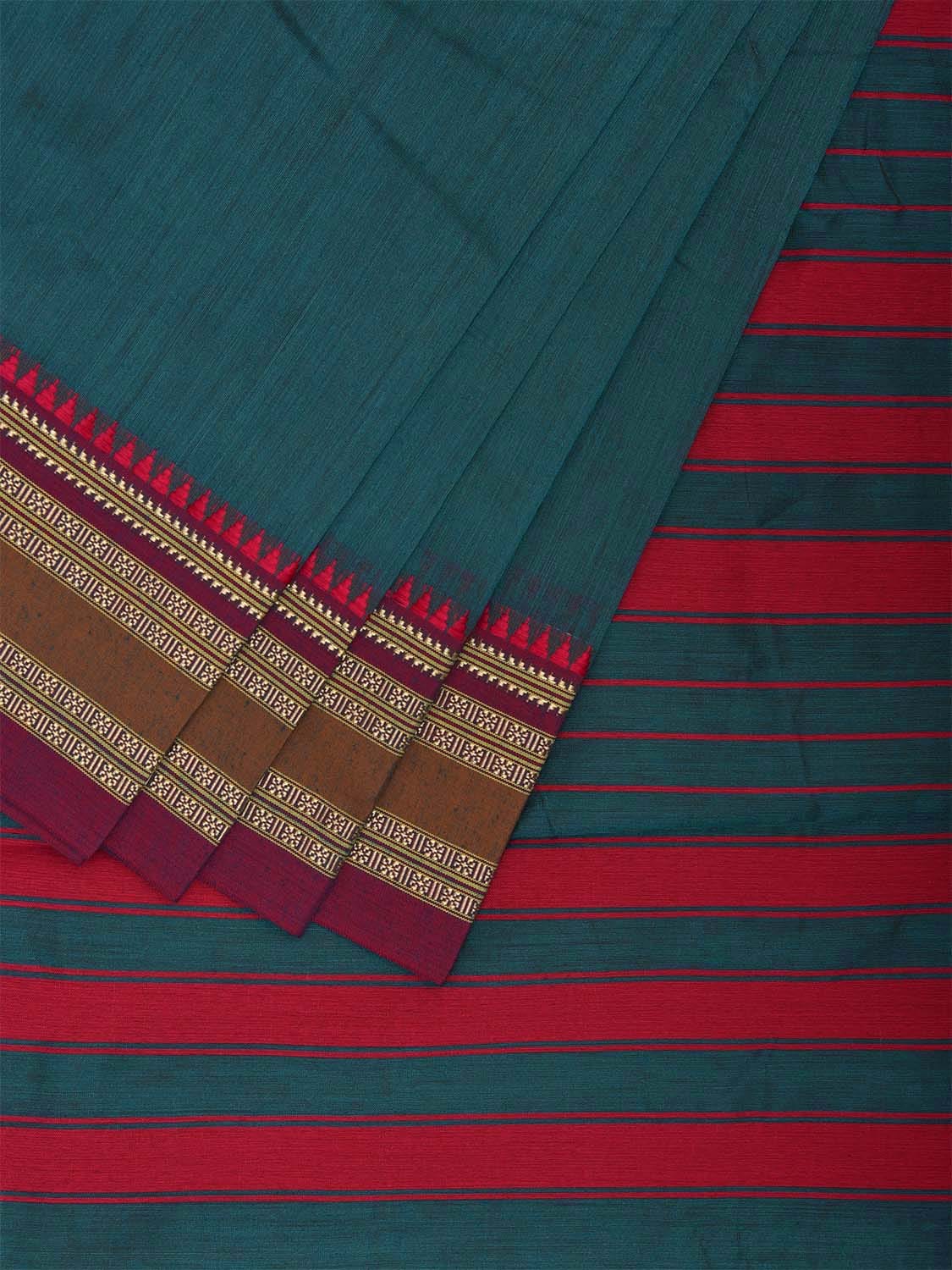 Teal and Red Bamboo Cotton Plain Saree with Strips Pallu Design No Blouse bc0792