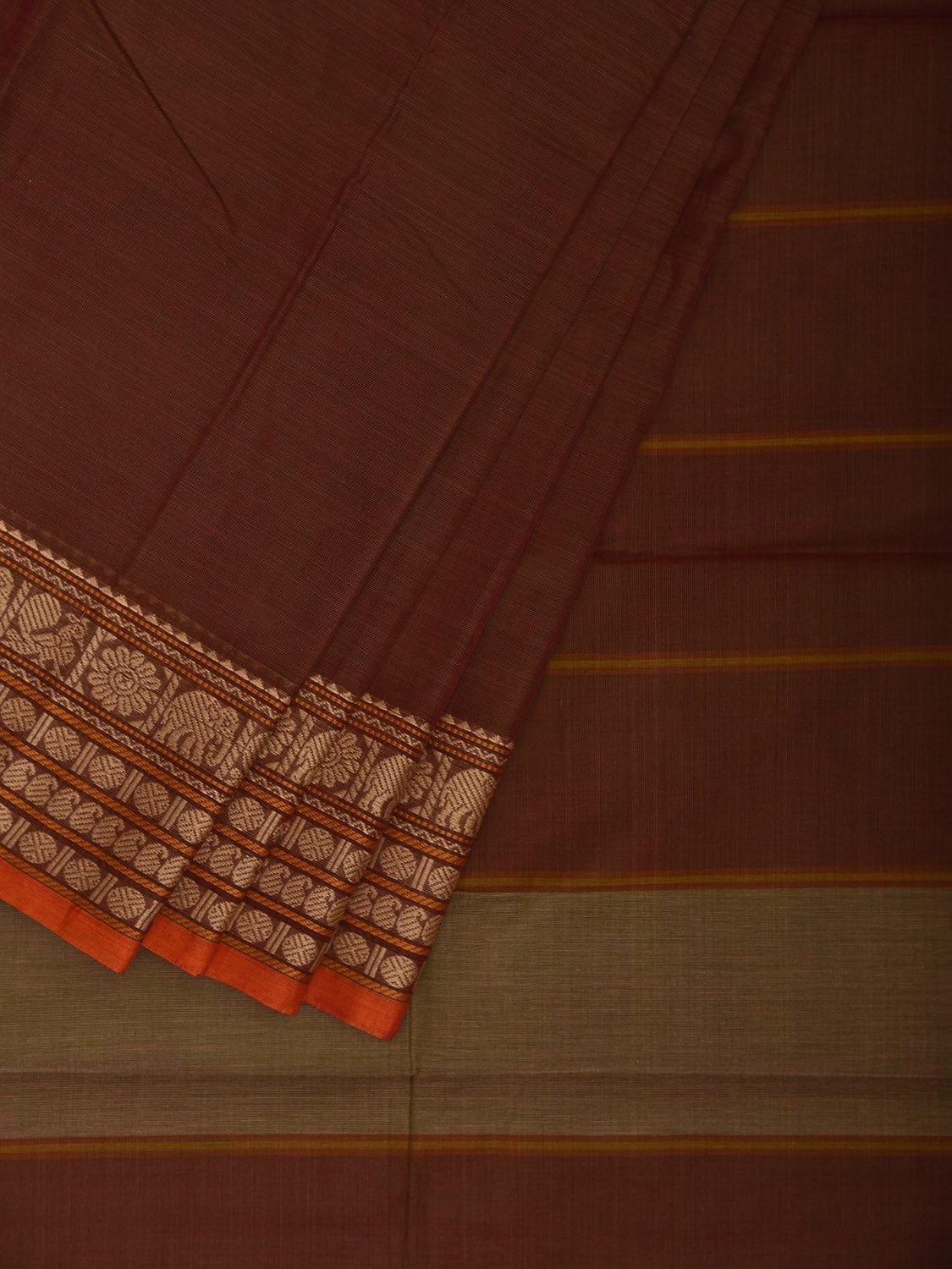 Brown Kanchipuram Cotton Plain Saree with Strips and Border Design k0883